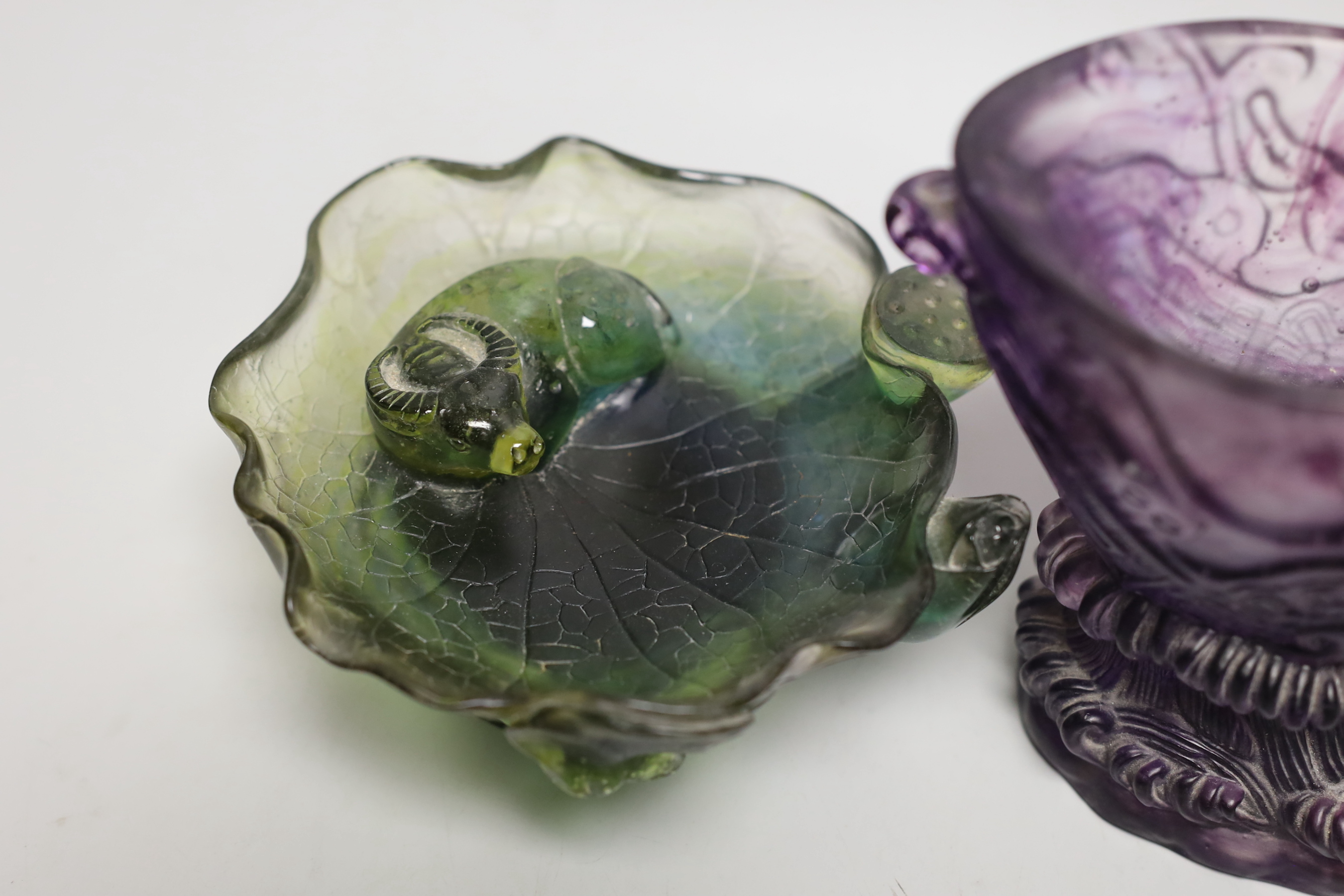 A contemporary Chinese amethyst glass tinted libation cup, signed to underside, 13cm, together with a similar water pot